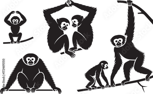 Gibbon set black silhouettes wild mammal ape primates jungle swinging forest