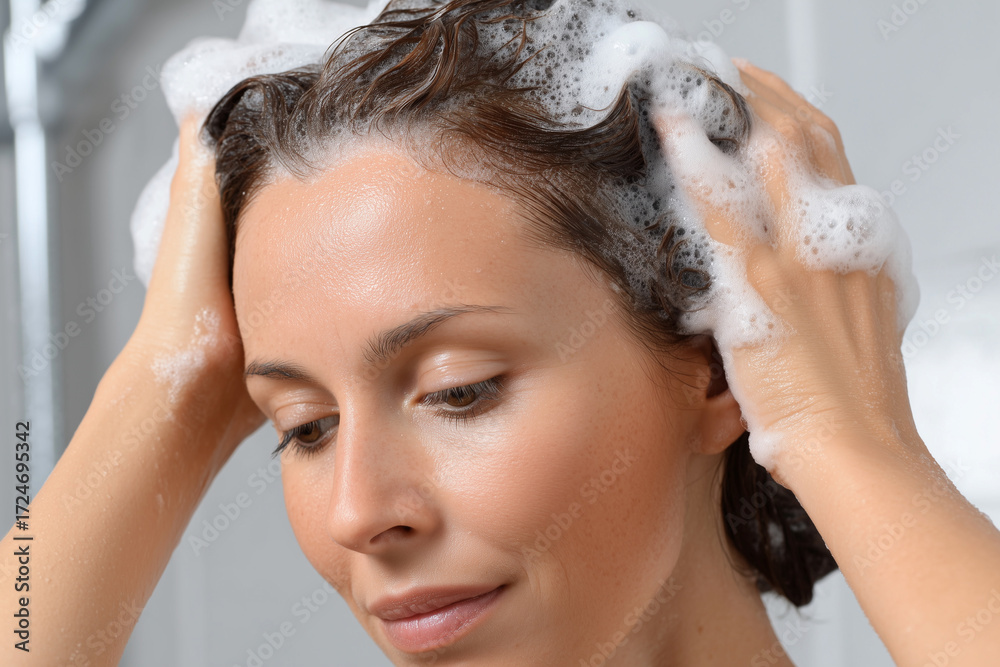 Naklejka premium A woman is washing her hair with a lot of foam