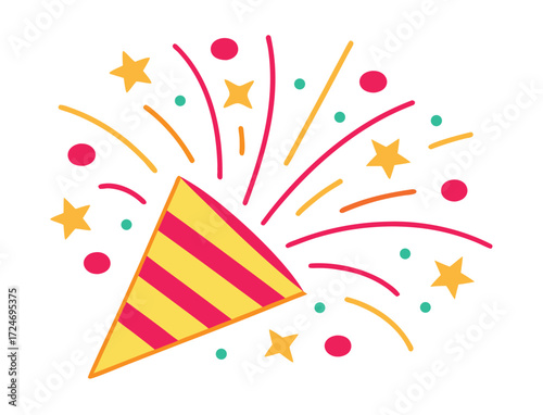 Festive party popper with confetti and stars celebration illustration design
