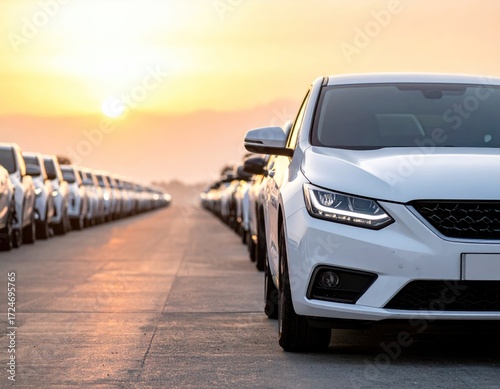 A pristine white car stands prominently amidst a long row of vehicles during golden hour, with a soft, warm sun setting in the background