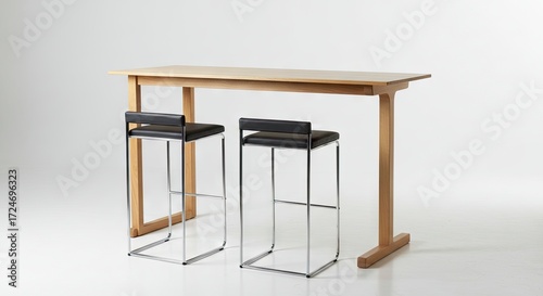 Two stools under a wooden counter on a bright background