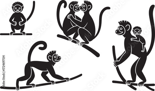 Monkeys black silhouettes set isolated on transparent background design element