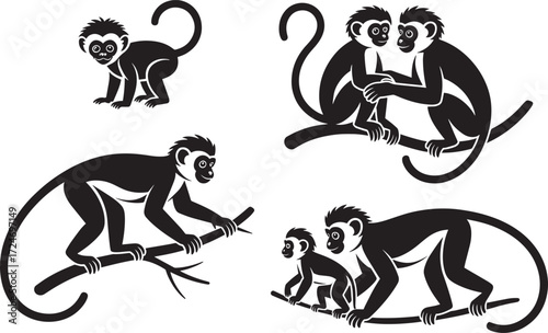Monkeys set isolated black silhouette. Adult, baby and family monkeys group collection