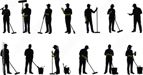 Cleaning, hygiene, sanitation, janitor, maid, worker, mop, broom, spray, bucket, gloves, silhouette, chore, disinfect, tidy, sweep, scrub, checklist, service, cleanliness