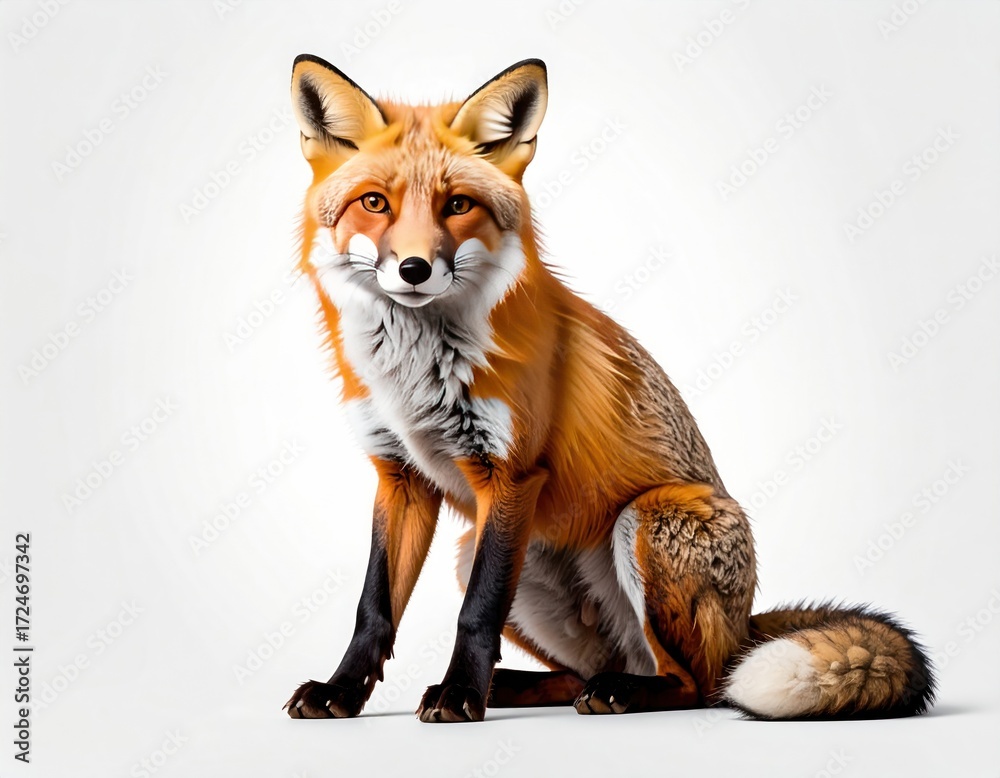 Obraz premium Captivating red fox with a bushy tail and white chest, gracefully sits against a plain white background, gazing directly at the viewer