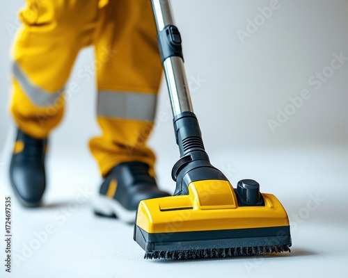 A person in bright yellow uniform using a vacuum cleaner