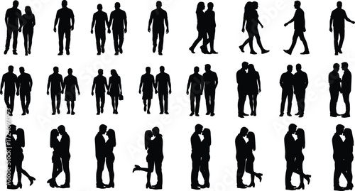 Couple silhouette vector set, romantic poses, hugging, kissing, walking illustration, love icons, relationship, intimacy, affection, partner, emotion, togetherness