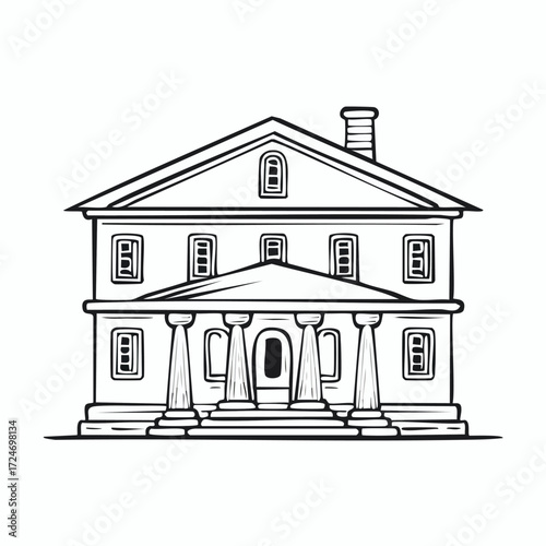 Illustration of a two-story building with columns and a chimney.