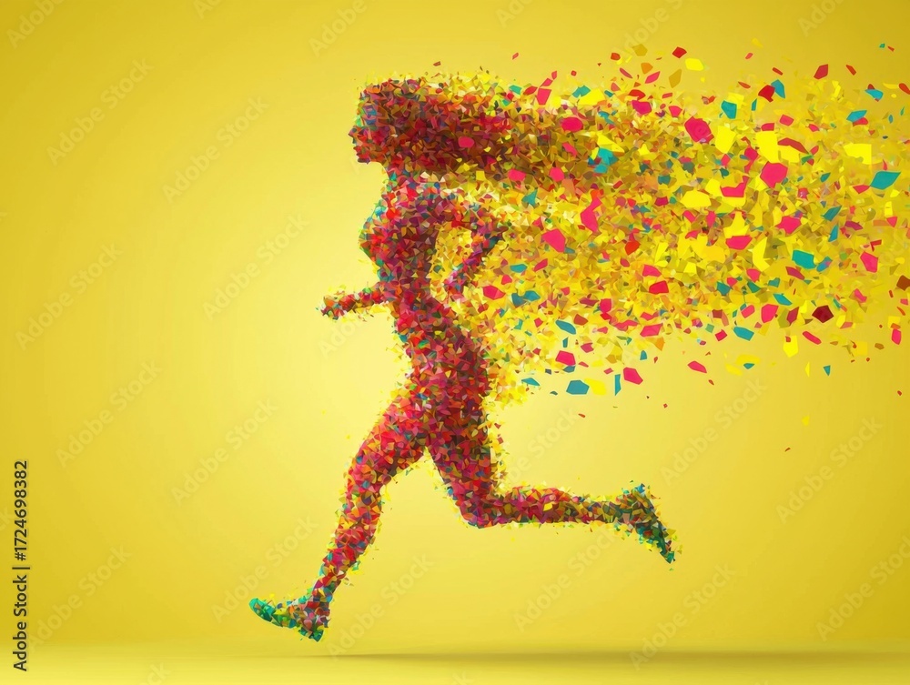 Fototapeta premium Woman running with colorful shapes emanating from her head in a polygonal art style illustration with copy space