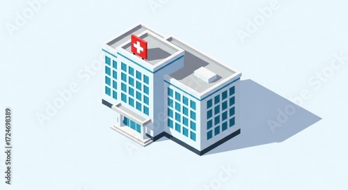 Isometric illustration of a modern hospital building with red cross on the roof