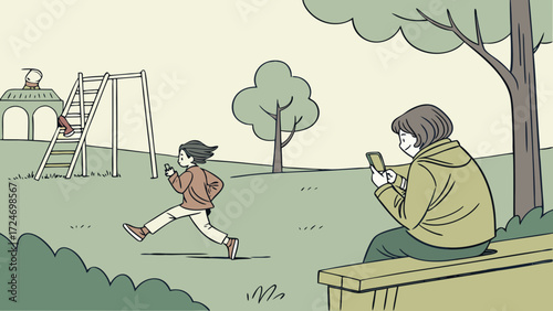 Vector of Lonely Child Playing Outdoors While Parents Distracted on Phones Showing Overuse Disadvantage