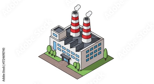 Isometric Illustration of Industrial Factory with Smoke Stacks and Greenery Surrounding It