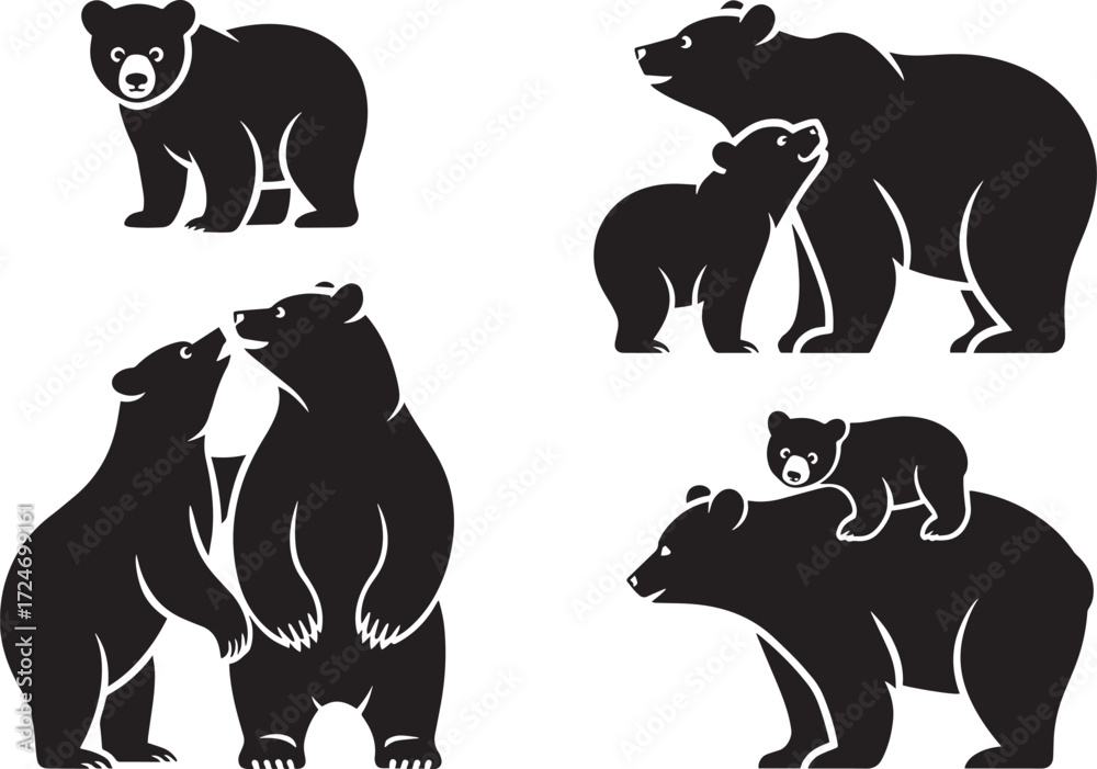 Naklejka premium Silhouette collection bears family, bear cub, mother bear, father bear, isolated on transparent background