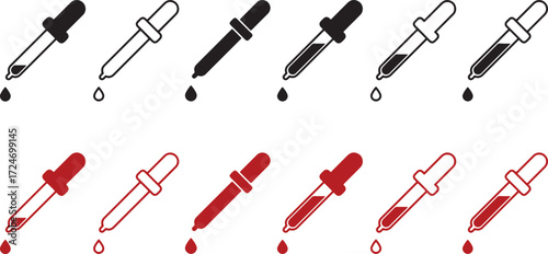 dropper, pipette, liquid, drop, medicine, science, laboratory, medical, healthcare, experiment, research, chemistry, biology, fluid, dispensing, measurement, tool, icon, symbol, set, collection, black