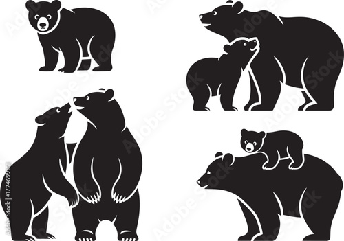 Silhouette collection bears family, bear cub, mother bear, father bear, isolated on transparent background