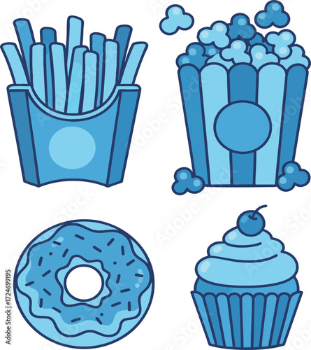 Assorted fast food items in blue tones displayed on white surface, showcasing sweet and savory snacks with a minimalist aesthetic.