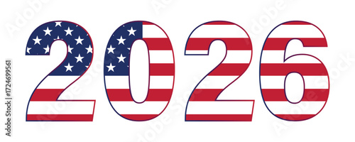 2026 number with USA flag color. American flag in 2026 shape for new year or patriotic event. Transparent vector and PNG