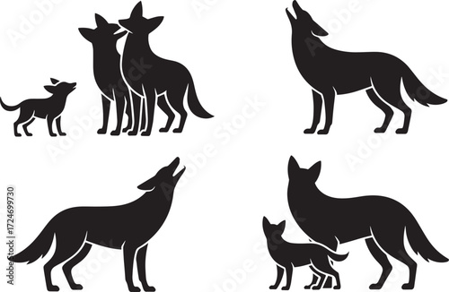 Wolf family silhouettes set isolated on transparent background, wildlife animal symbols