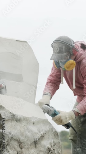 Artists wearing protective gear carve large stone sculptures outdoors using power tools.