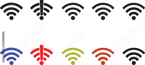 wifi, wireless, internet, signal, connection, network, icon, symbol, technology, communication, strength, bars, blue, red, green, orange, black, white background, isolated, signal strength, connectivi