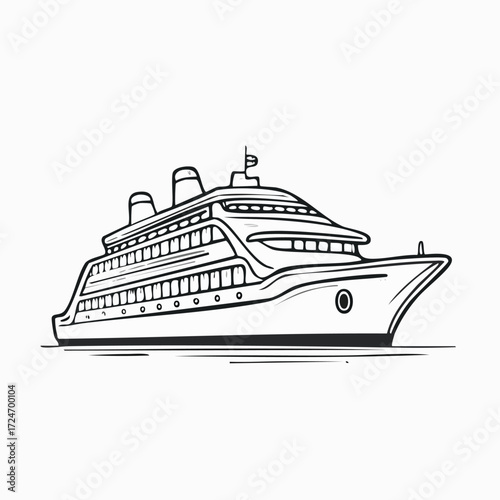 Detailed line art of a cruise ship on the water, side view.