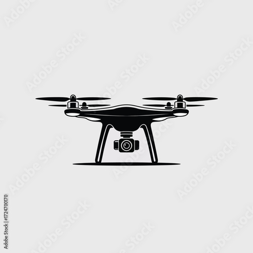 Black quadcopter with camera in minimalist vector style drone aerial vehicle
