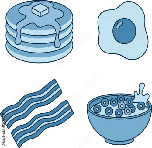 Breakfast foods arranged neatly on white surface, including pancakes, eggs, bacon, and cereal, showcasing a delicious and balanced morning meal.