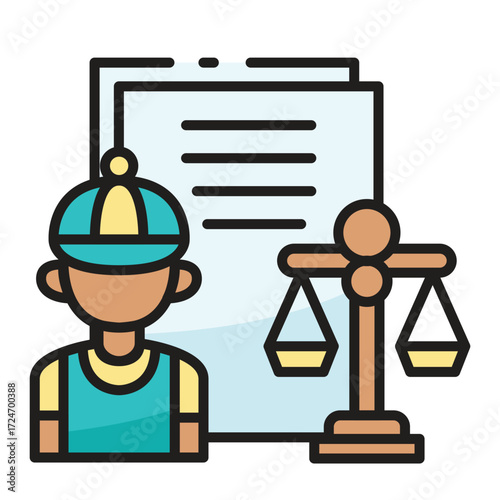 Person in cap with documents and scales of justice