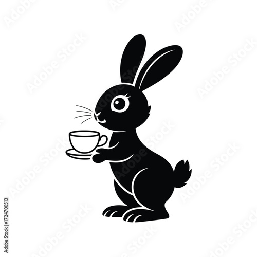 Black rabbit holding a teacup and saucer bunny silhouette