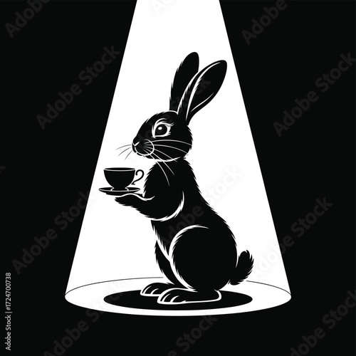 Black rabbit holding teacup in spotlight white illustration