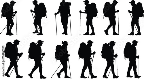 Hiking silhouette vector set, backpacker poses, trekking gear illustration, outdoor adventure icons, walking man with poles, camping, travel, nature