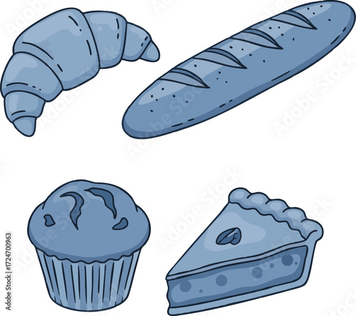 Pastries assortment displayed on white surface, including croissant, baguette, muffin, and pie slice, creating a tempting and delicious food arrangement.
