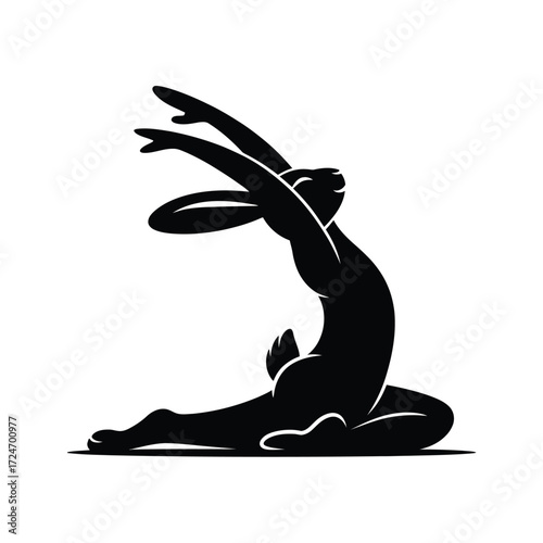 Black rabbit in graceful yoga pose reaching upwards silhouette white