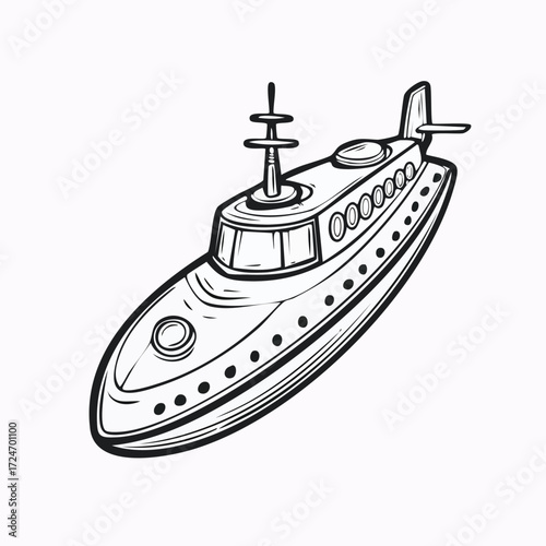 Illustration of a boat with a rounded hull and antenna.