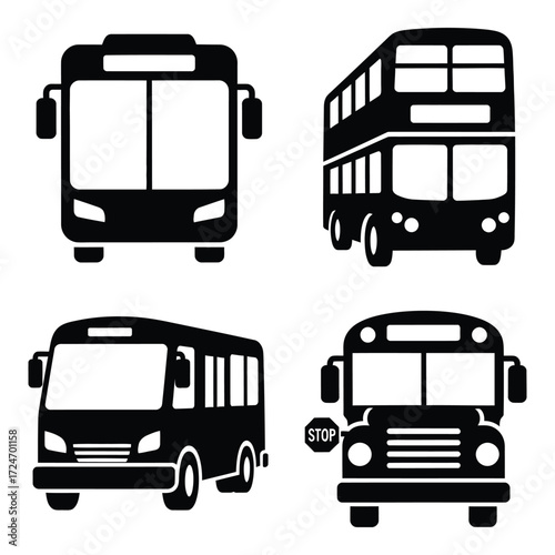 Collection of silhouetted buses including double decker single decker school and city buses