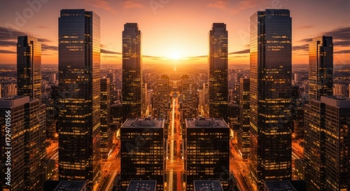 Symmetrical cityscape at sunset showcasing impressive architecture and golden light
