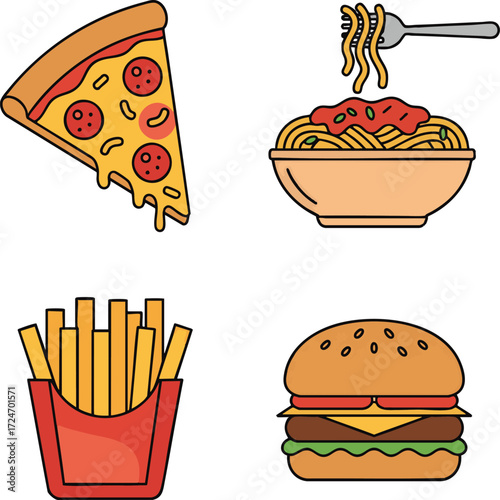 Delicious pizza slice, spaghetti, french fries, and burger arranged on a white surface representing fast food meal options with vibrant colors and simple lines.