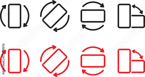rotation, orientation, device, screen, phone, tablet, mobile, landscape, portrait, horizontal, vertical, turn, rotate, change, icon, symbol, graphic, design, illustration, black, red, set, collection,