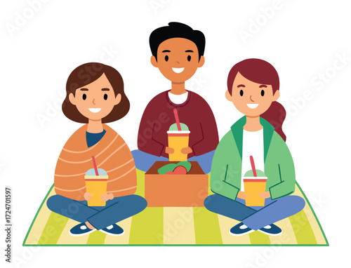 Friends enjoying a picnic with healthy smoothies and fresh produce outdoors