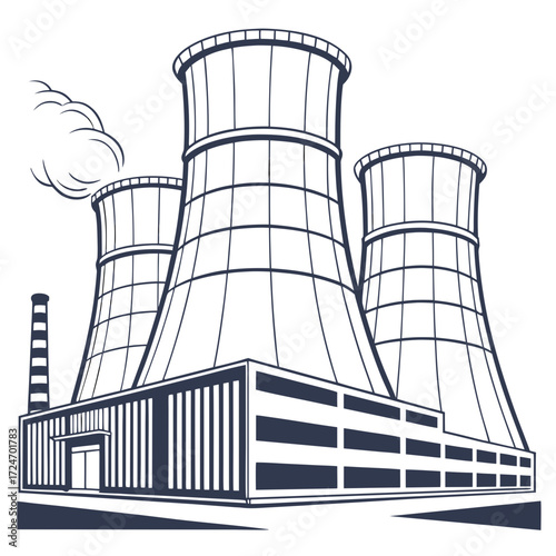 Illustration of a nuclear power plant with three cooling towers and a chimney, showcasing the industrial architecture and energy production