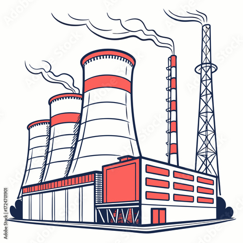 Illustration of a power plant with three cooling towers, a chimney, and a building, emitting smoke into the atmosphere the image is a vector drawing