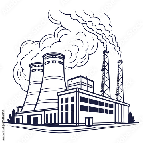 Illustration of a coal power plant emitting smoke from its chimneys, , showcasing the environmental impact of fossil fuels and the need for renewable energy