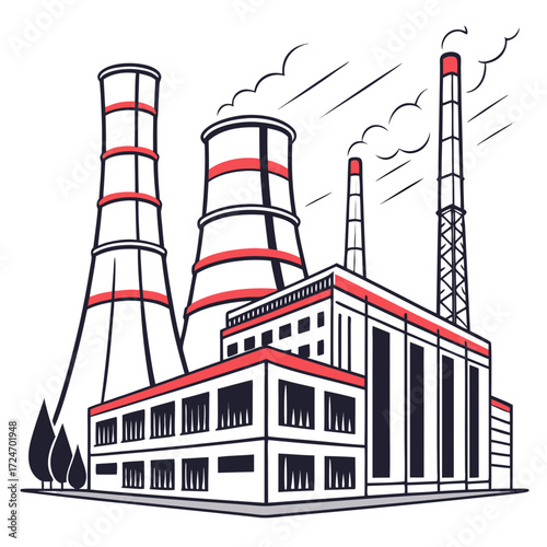 Illustration of a power plant with cooling towers, a chimney, and a building, emitting smoke into the atmosphere the image is a vector drawing