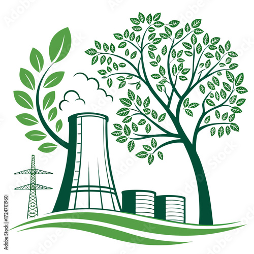 Vector art of ecofriendly illustration of a nuclear power plant with trees and green landscape, , representing sustainable energy and environmental consciousness