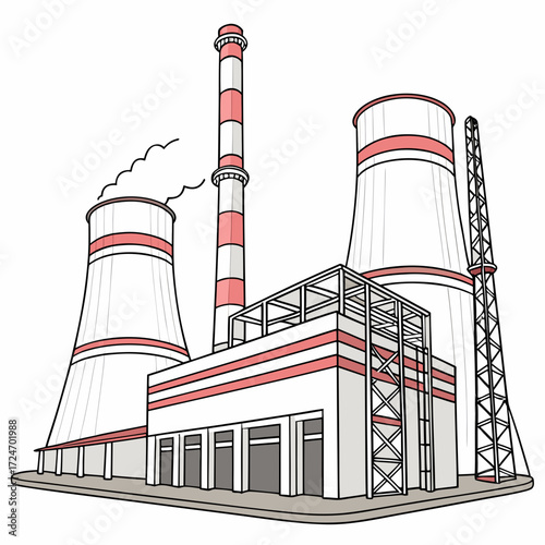 Illustration of a power plant with multiple chimneys and cooling towers, depicting industrial complex and energy infrastructure for electricity generation
