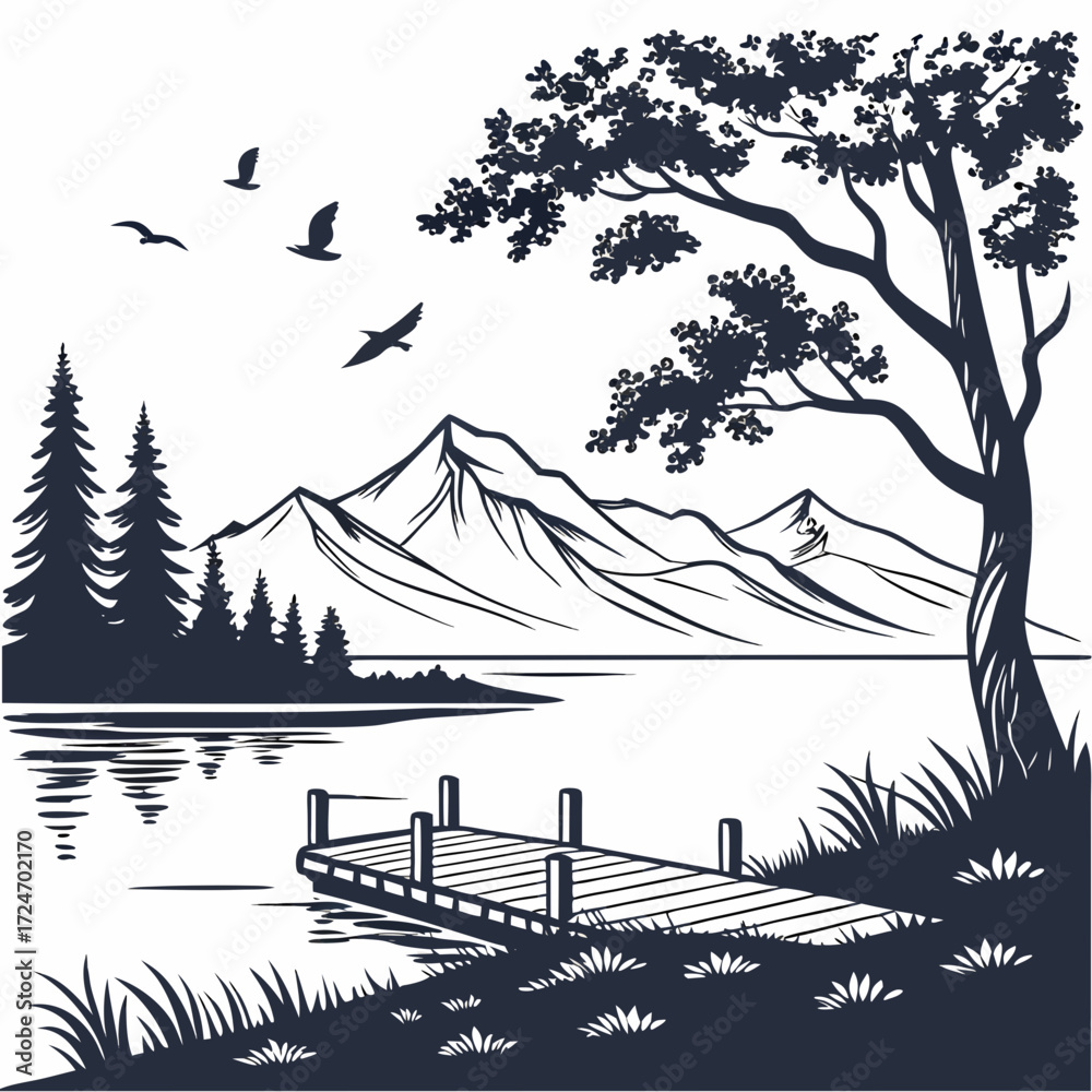 Fototapeta premium Vector art of a picturesque lake scene features a wooden pier, framed by trees and mountains, with birds soaring above, capturing the essence of natures beauty and tranquility