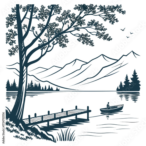 Vector art of a serene lake scene unfolds with a lone fisherman in a boat near a wooden pier, framed by a majestic tree and distant mountains, evoking tranquility and the beauty of nature