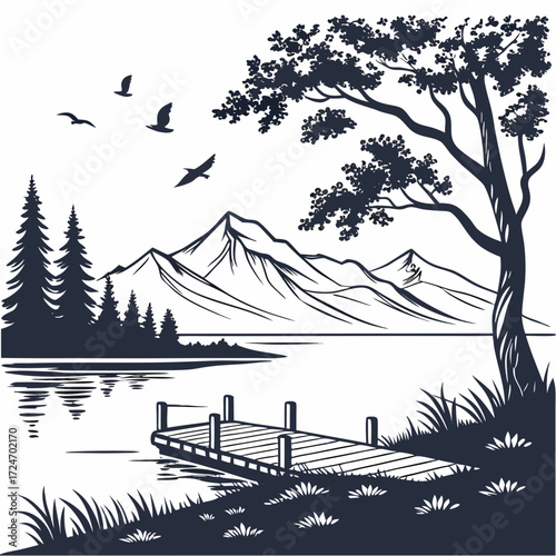 Vector art of a picturesque lake scene features a wooden pier, framed by trees and mountains, with birds soaring above, capturing the essence of natures beauty and tranquility