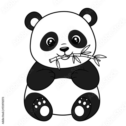 A cartoon panda sits with legs spread out, munching on a leafy bamboo stick. Its wide eyes and relaxed pose give off a calm, adorable vibe—perfect for playful, child-friendly designs.