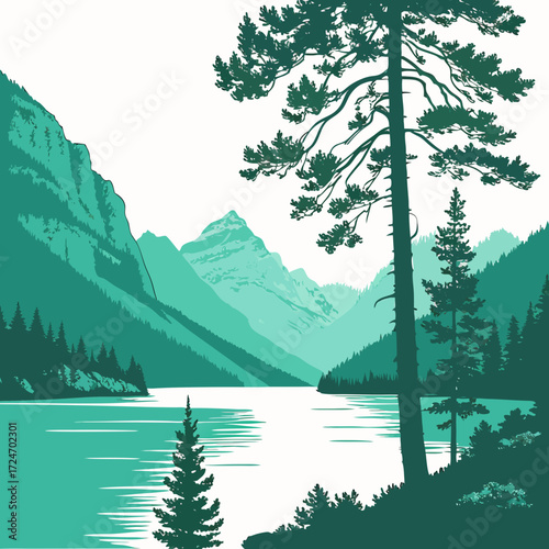Vector art of a serene mountain lake illustration, showcasing towering pine trees, majestic peaks, and tranquil waters, capturing the essence of a peaceful wilderness retreat